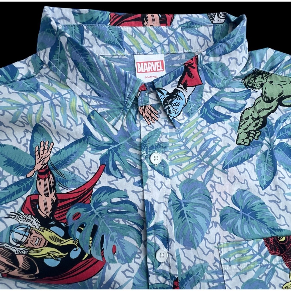 Marvel Mens Blue Floral Hawaiian Shirt Hulk,Thor,Avengers,Iron Man Size Large